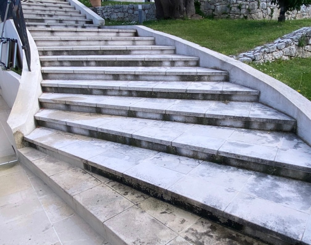 Escalier en pierre encrassé par la mousse avant nettoyage haute pression